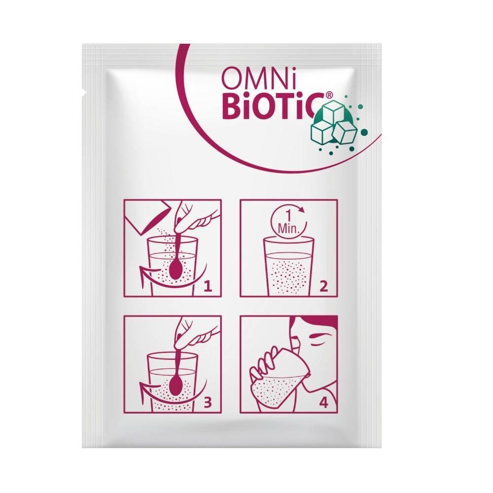 Sachet individuel Omni-Biotic. Illustrations montrent la préparation : poudre dans l'eau, mélanger, attendre 1 minute, boire.