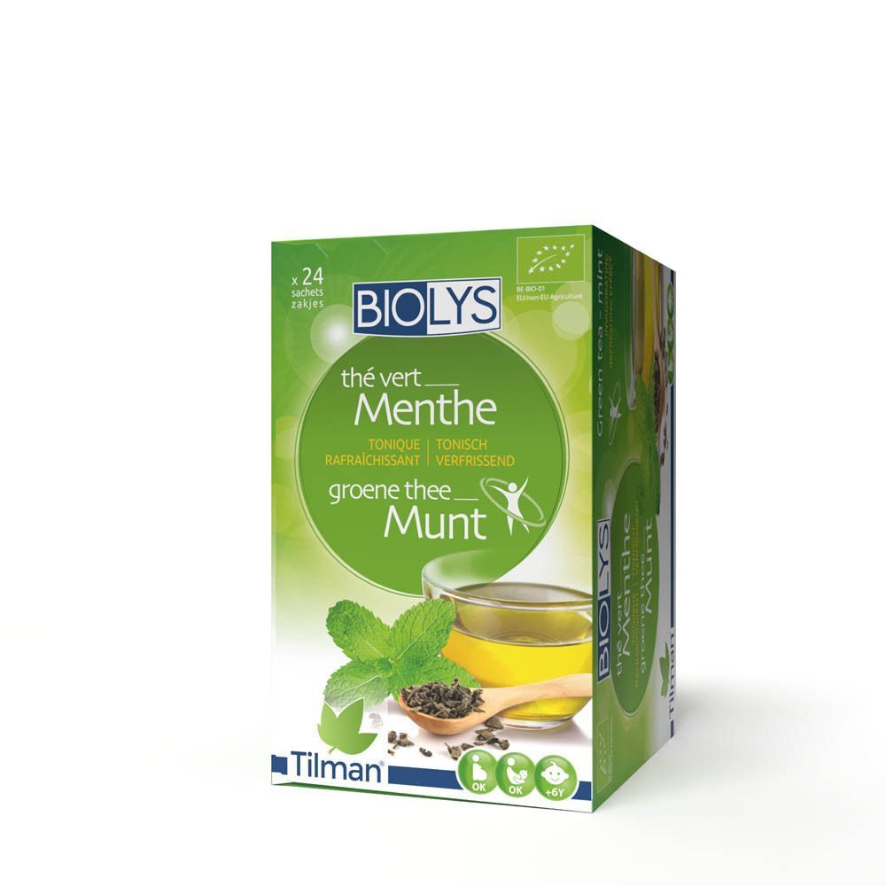 Groene Biolys-theedoos met "Thé Vert Menthe". Illustratie van thee en munt.