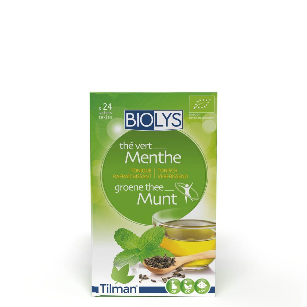 Groene Biolys-theedoos met "Thé Vert Menthe". Illustratie van thee en munt.