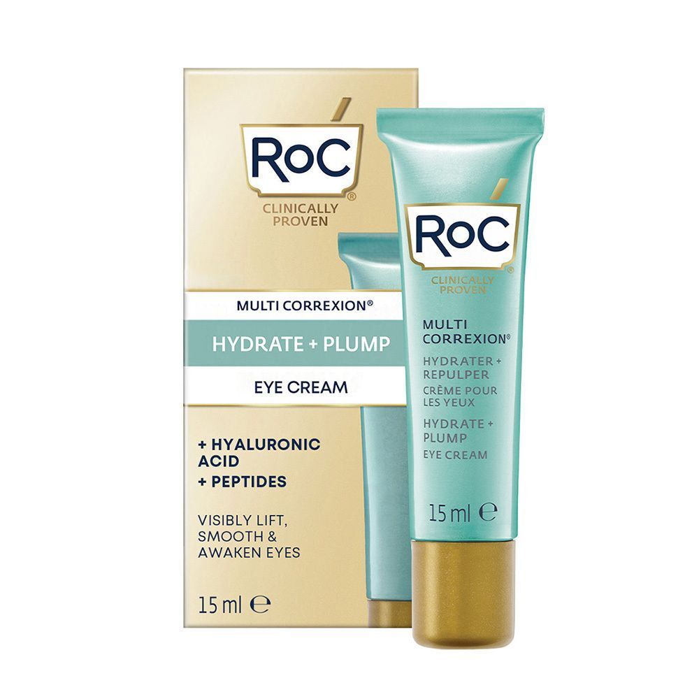 RoC Multi-Correxion Hydrater + Repulper Crème pour les Yeux et son emballage. Design turquoise et blanc, bouchon doré.