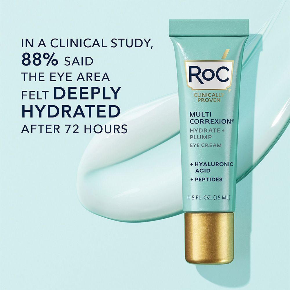 Produit RoC Multi-Correxion Hydrater + Repulper Crème pour les Yeux. Design turquoise et blanc, bouchon doré. Texte et graphiques.