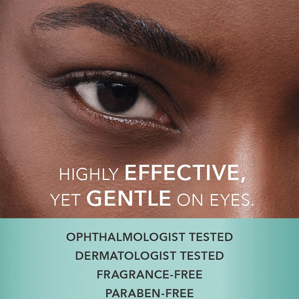 Gros plan sur un œil. Texte : « Hautement efficace, mais doux pour les yeux ». Testé par ophtalmologistes et dermatologues.