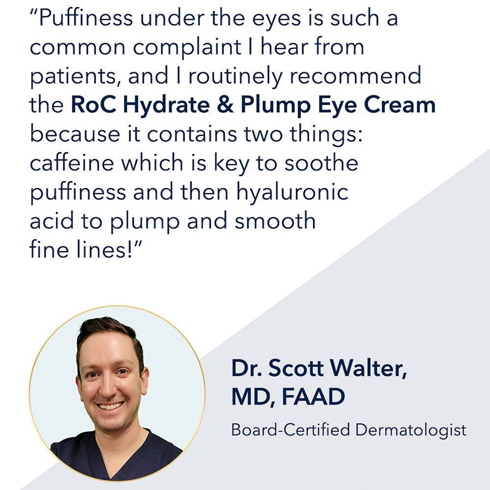 Portrait d'un homme. Citation sur RoC Hydrate & Plump Eye Cream. Signature : Dr. Scott Walter, MD, FAAD.