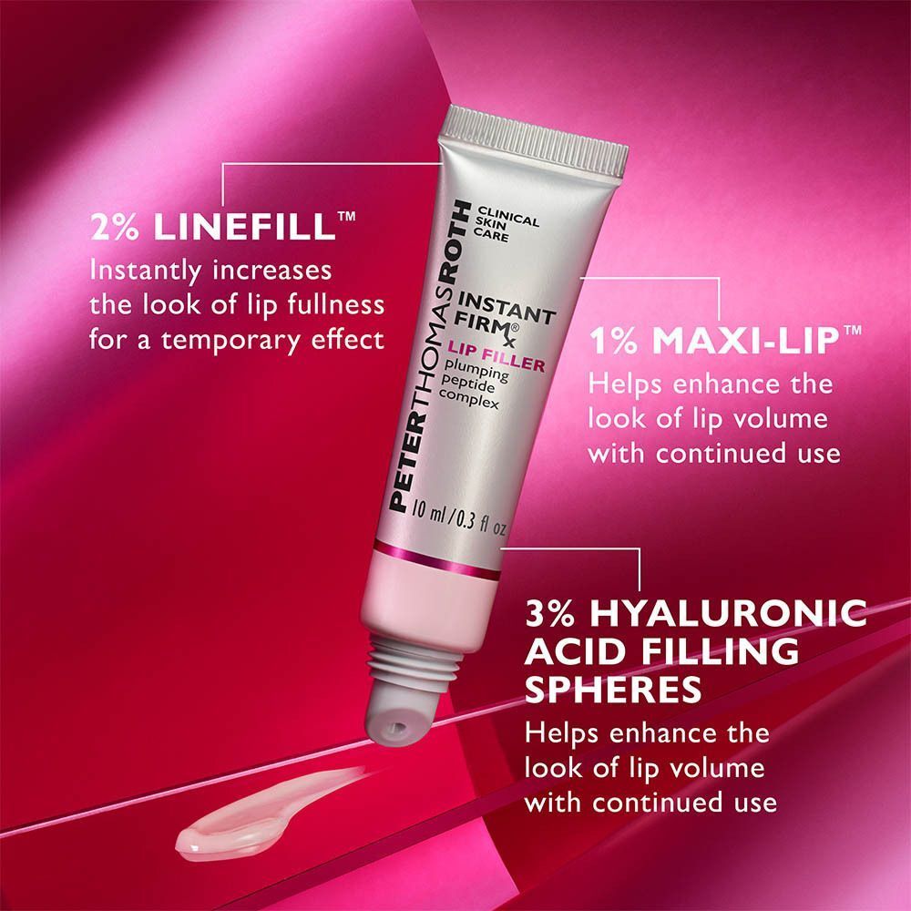 Tube Peter Thomas Roth Instant Firmx Lip Filler. Texte avec ingrédients: 2% Linefill, 1% Maxi-Lip, 3% Acide Hyaluronique. 10 ml.