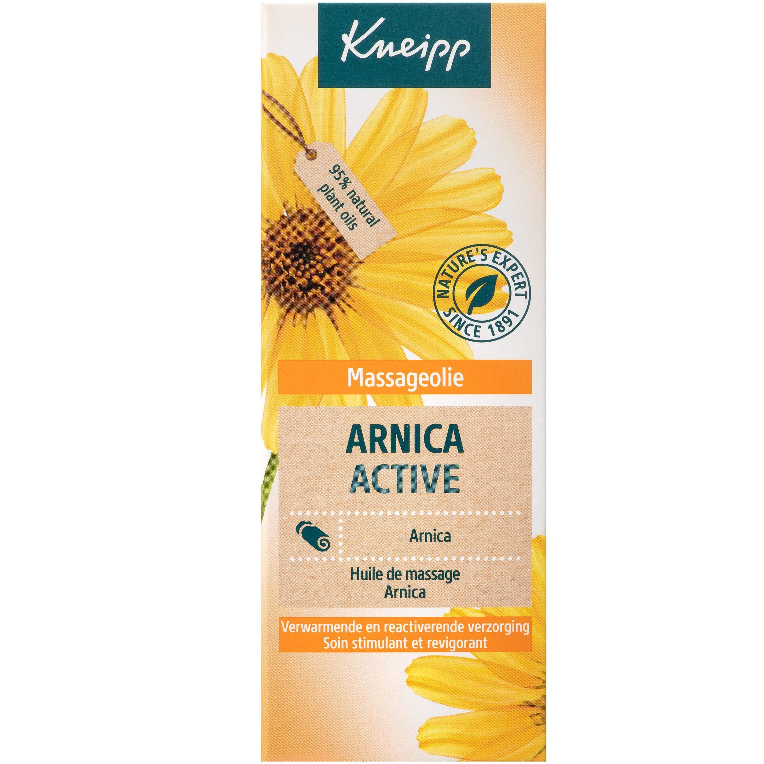 Kartonnen verpakking Kneipp Arnica Active massageolie met zonnebloemmotief en zegels.