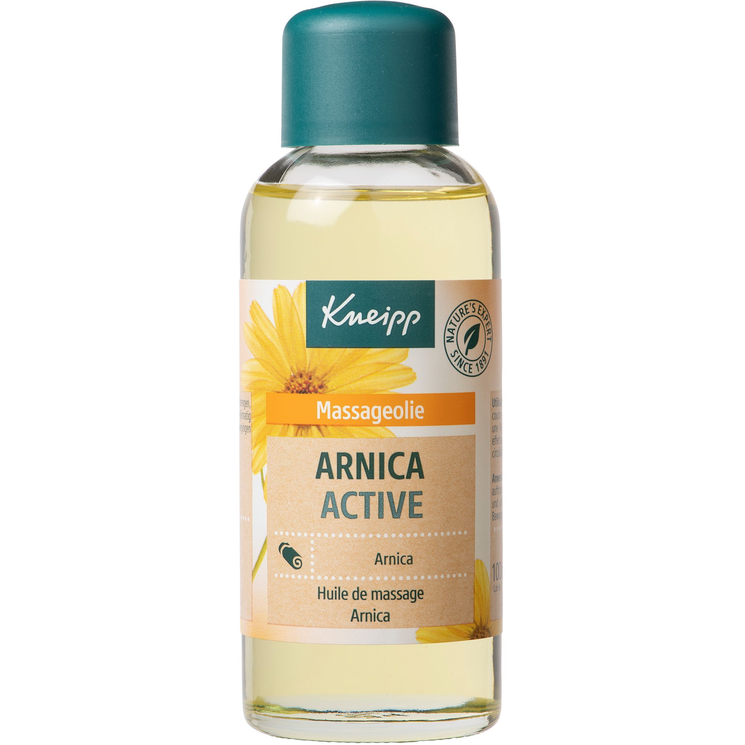 Fles Kneipp Arnica Active massageolie met etiket, gele zonnebloem en zegel.