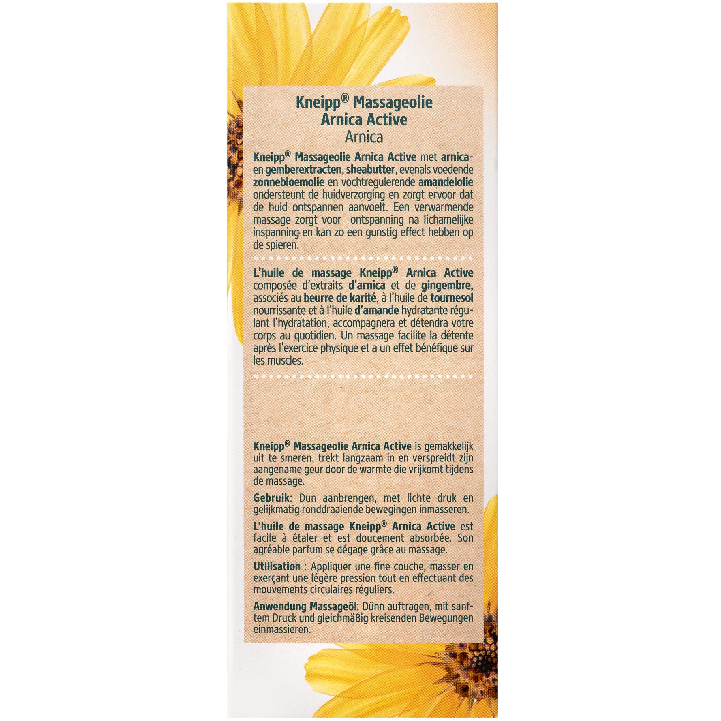 Achterkant van de verpakking Kneipp Arnica Active massageolie met productinformatie.