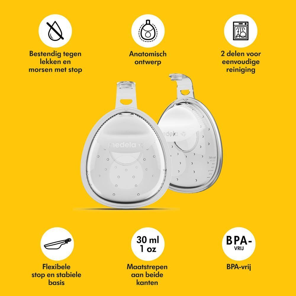 Twee transparante Medela borstkolf flenzen met maatstrepen en BPA-vrij label.