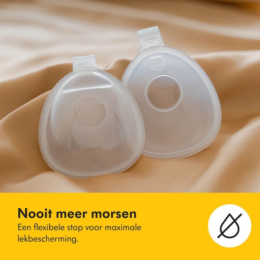 Twee transparante, druppelvormige ventielen voor borstkolven met een centraal gat en een ophanglus.