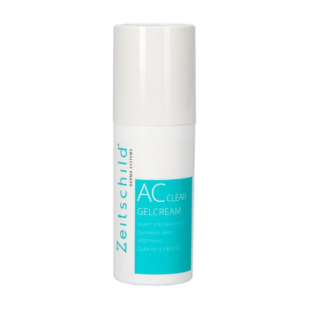 Zeitschild AC Clear gelcrème fles. Witte dispenser met groene en blauwe tekst. Opschrift: Sensitive, Derma Systems.