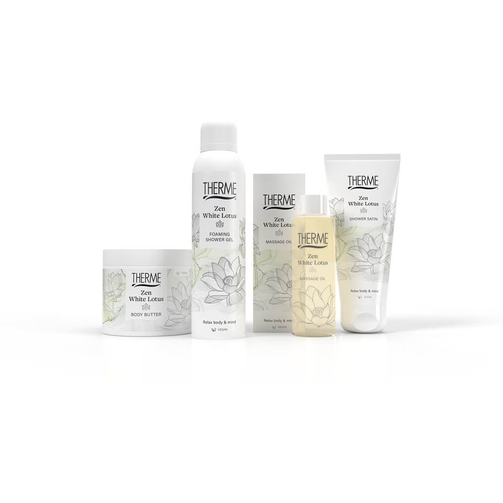 Divers produits Therme Zen White Lotus: beurre corporel, mousse de douche, huile de massage, lotion corporelle.