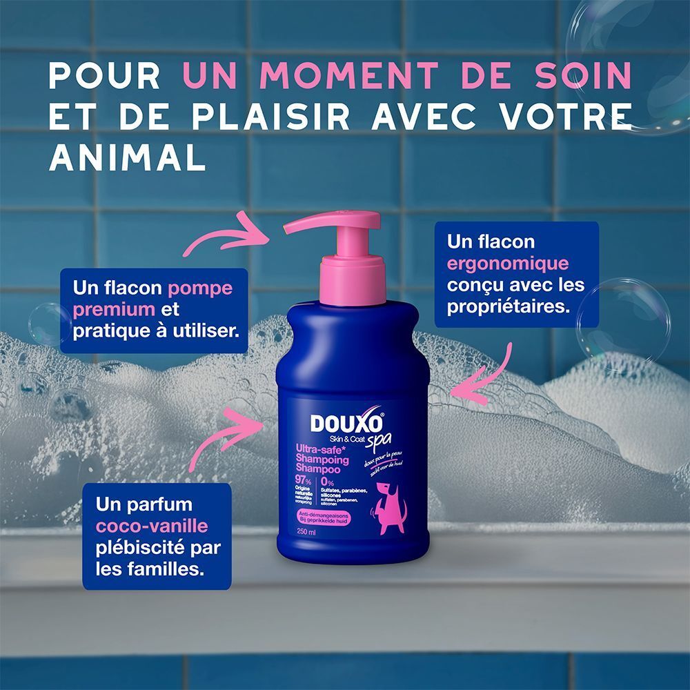 Flacon de shampooing Douxo avec pompe, bleu et rose.