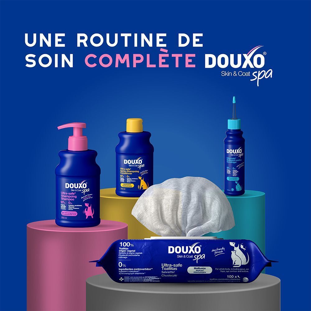 Douxo Skin & Coat Spa : Une routine de soin complète avec shampooing, soin et lingettes pour chiens et chats.