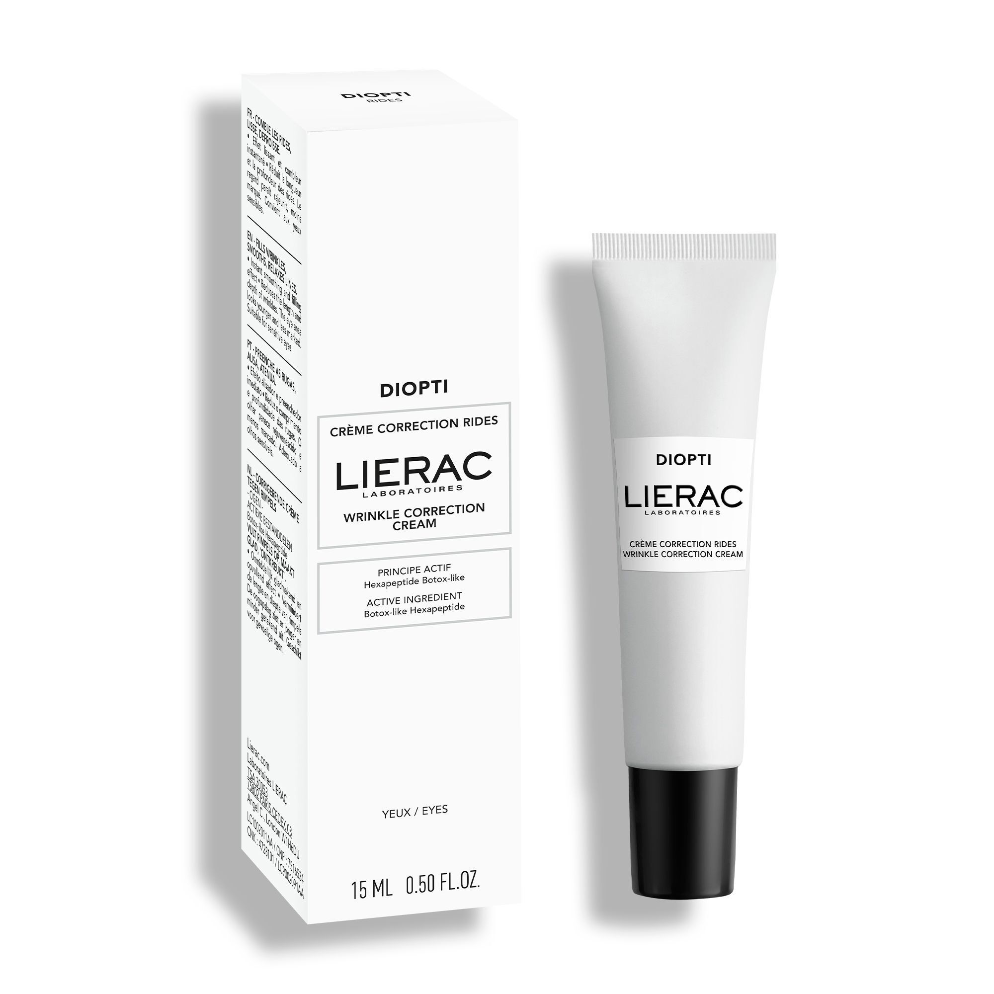 Lierac Diopti Crème Correction Rides tube en verpakking. Witte tube met zwarte dop. Tekst: Diopti, Lierac, Crème Correction Rides.