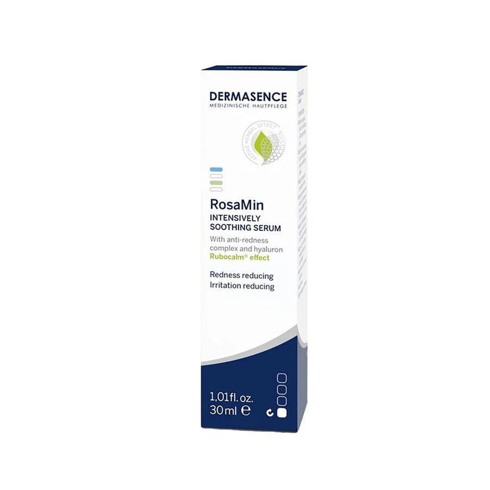 Een flacon Dermasence RosaMin Intensief Kalmerend Serum in doos, 30 ml.