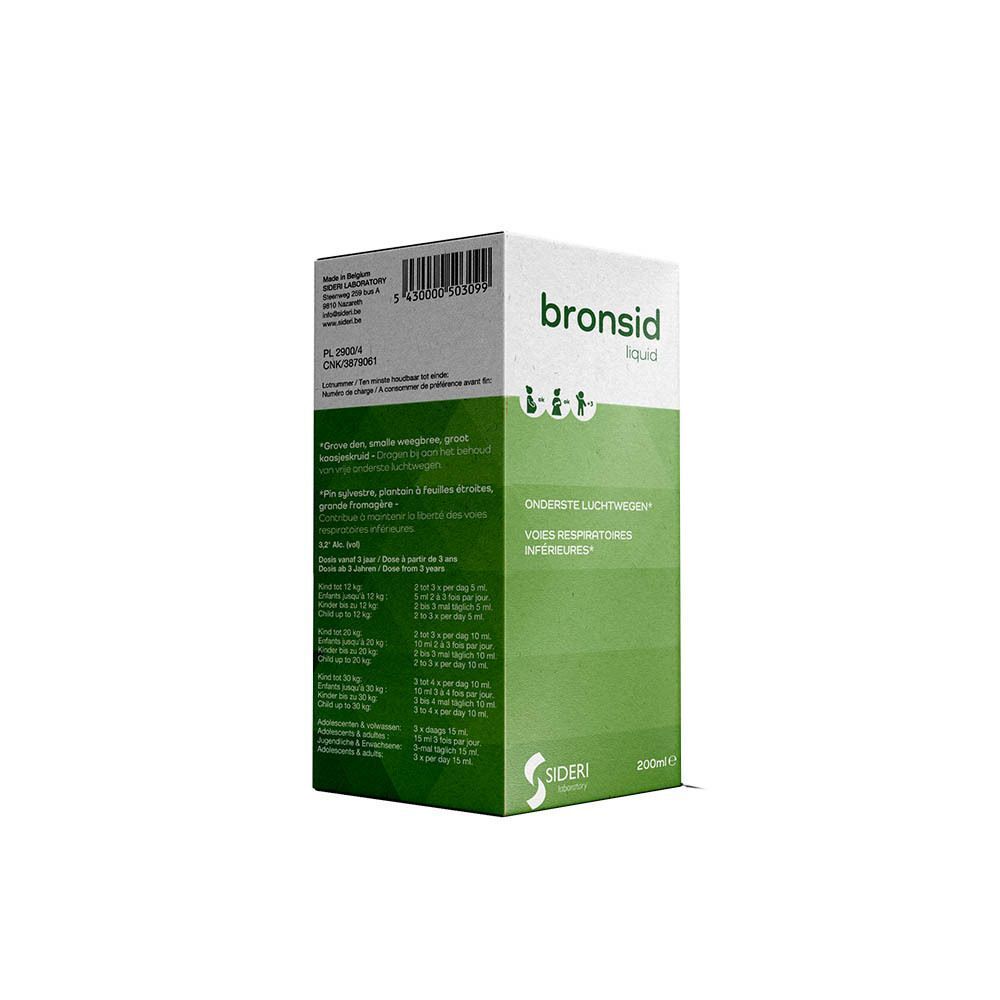Emballage en carton de Bronsid Liquid. Blanc, vert et gris avec nom du produit et texte.