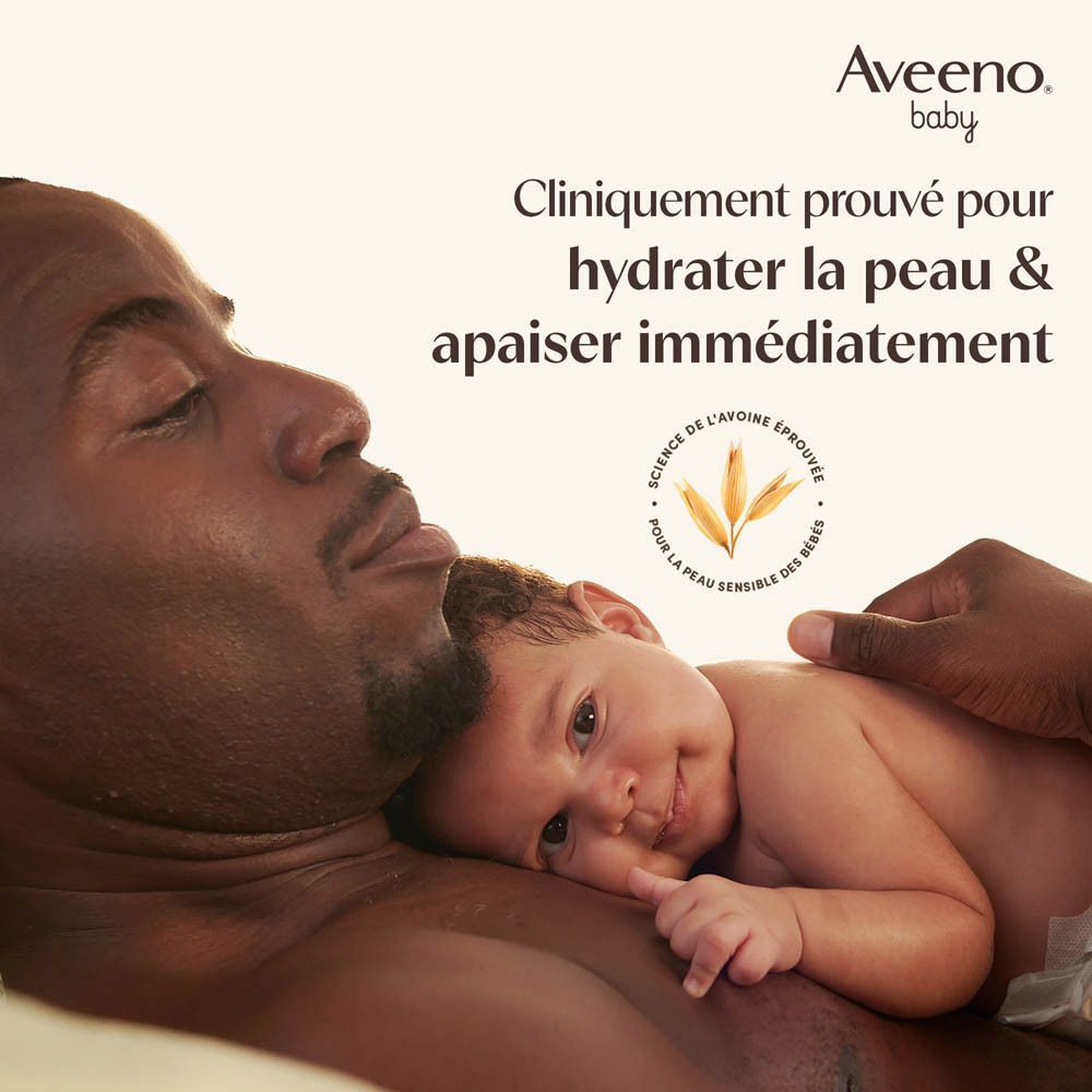 Un homme et un bébé. Texte: Cliniquement prouvé pour hydrater la peau & apaiser immédiatement.