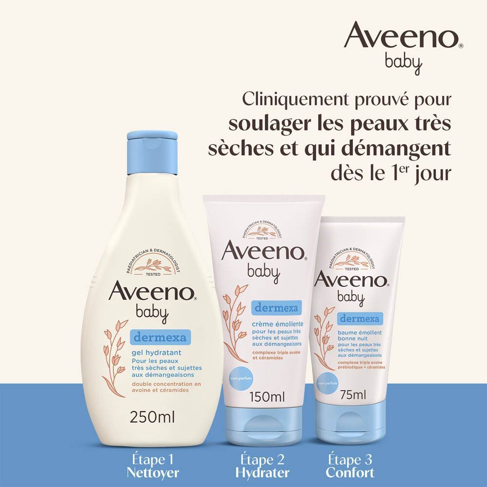 Trois produits Aveeno baby dermexa. Texte: Étape 1 Nettoyer, Étape 2 Hydrater, Étape 3 Confort.