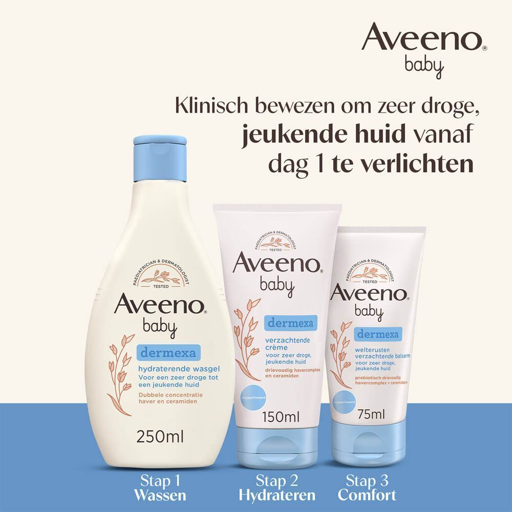 Drie producten Aveeno baby dermexa. Tekst: Stap 1 Wassen, Stap 2 Hydrateren, Stap 3 Comfort.