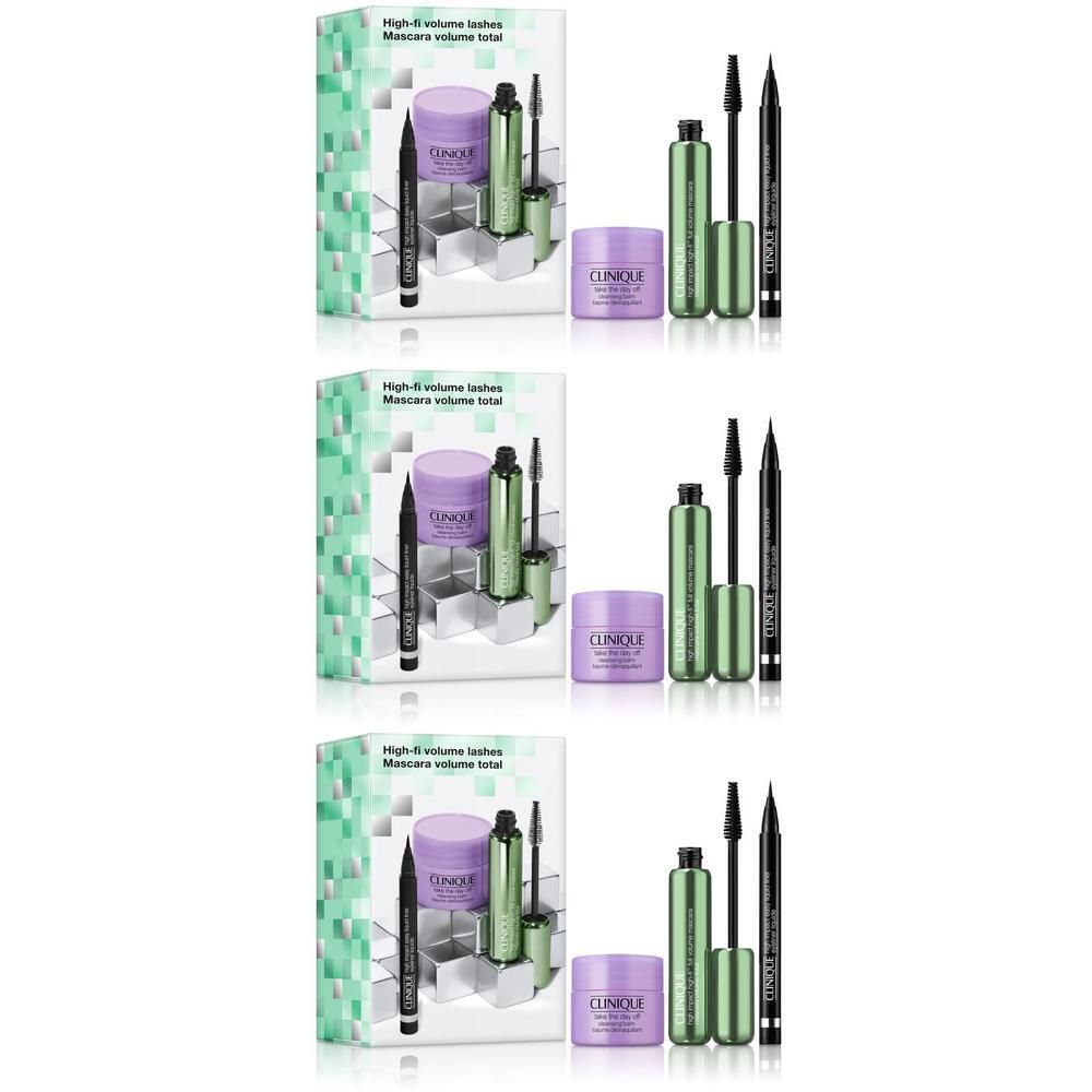 Clinique High-Fi Volume Lashes Set: Mascara, Eyeliner und Reinigungsbalsam in Geschenkverpackung.