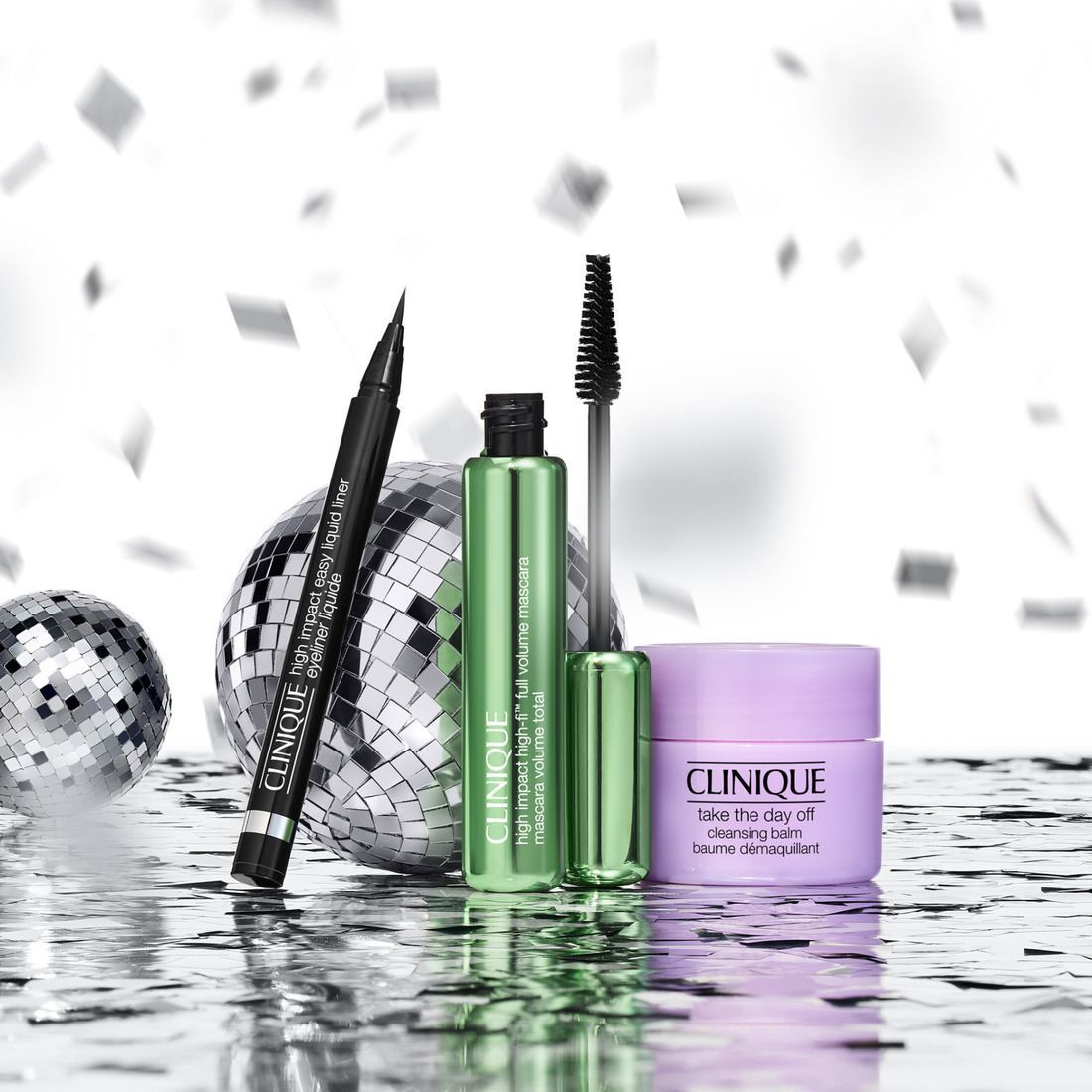 Clinique High-Fi Volume Lashes Set: Mascara, Eyeliner und Reinigungsbalsam mit Discokugeln.