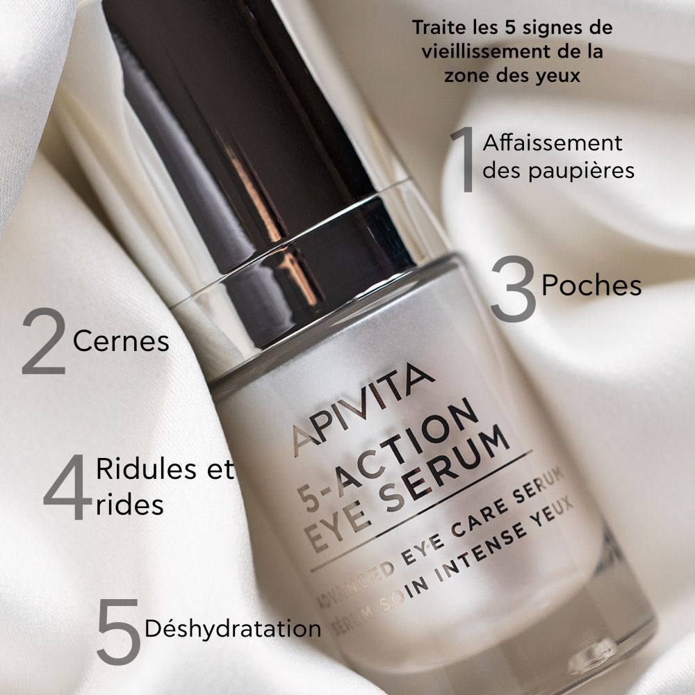 Apivita 5-Action Eye Serum sur tissu blanc. Texte: Apivita, 5-Action Eye Serum. Légendes: affaissement paupières, cernes, poches, ridules, déshydratation.