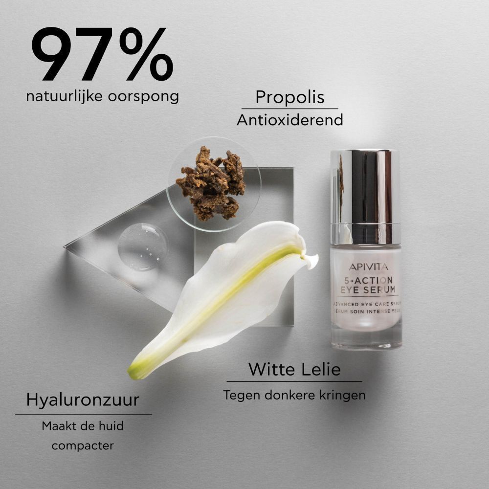 Apivita 5-Action Eye Serum, witte lelie, hyaluronzuur, propolis, 97% natuurlijke oorsprong. Tekst: Tegen donkere kringen.