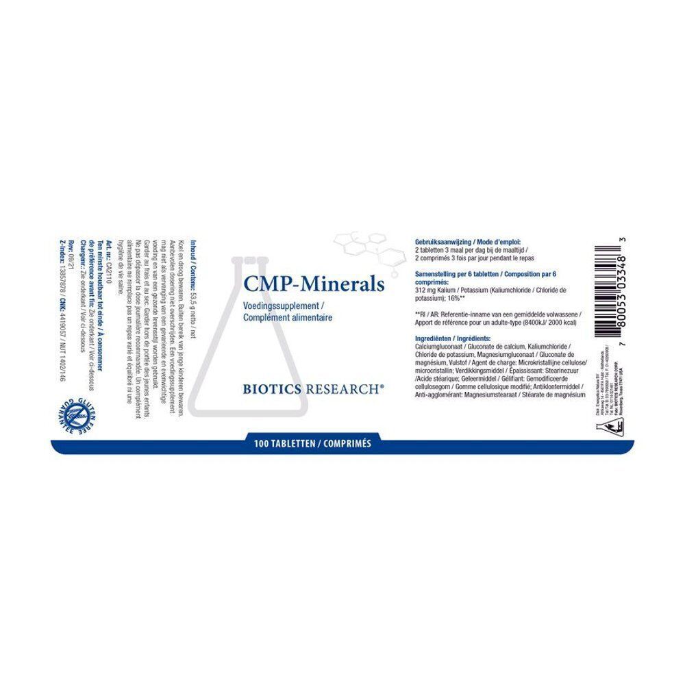 Achterkant van een Biotics Research CMP-Minerals fles met 100 tabletten.