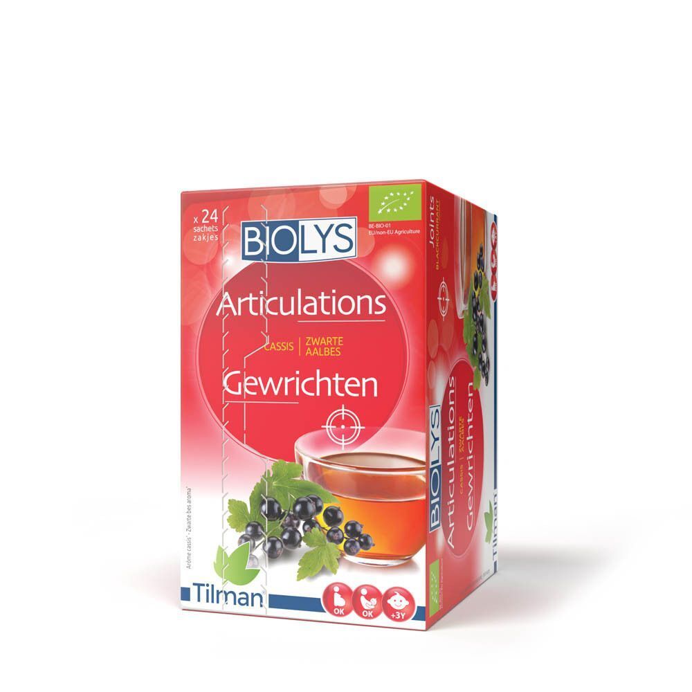 Emballage Biolys Articulations Cassis. Boîte rouge avec nom du produit, illustration de cassis et une tasse de thé.