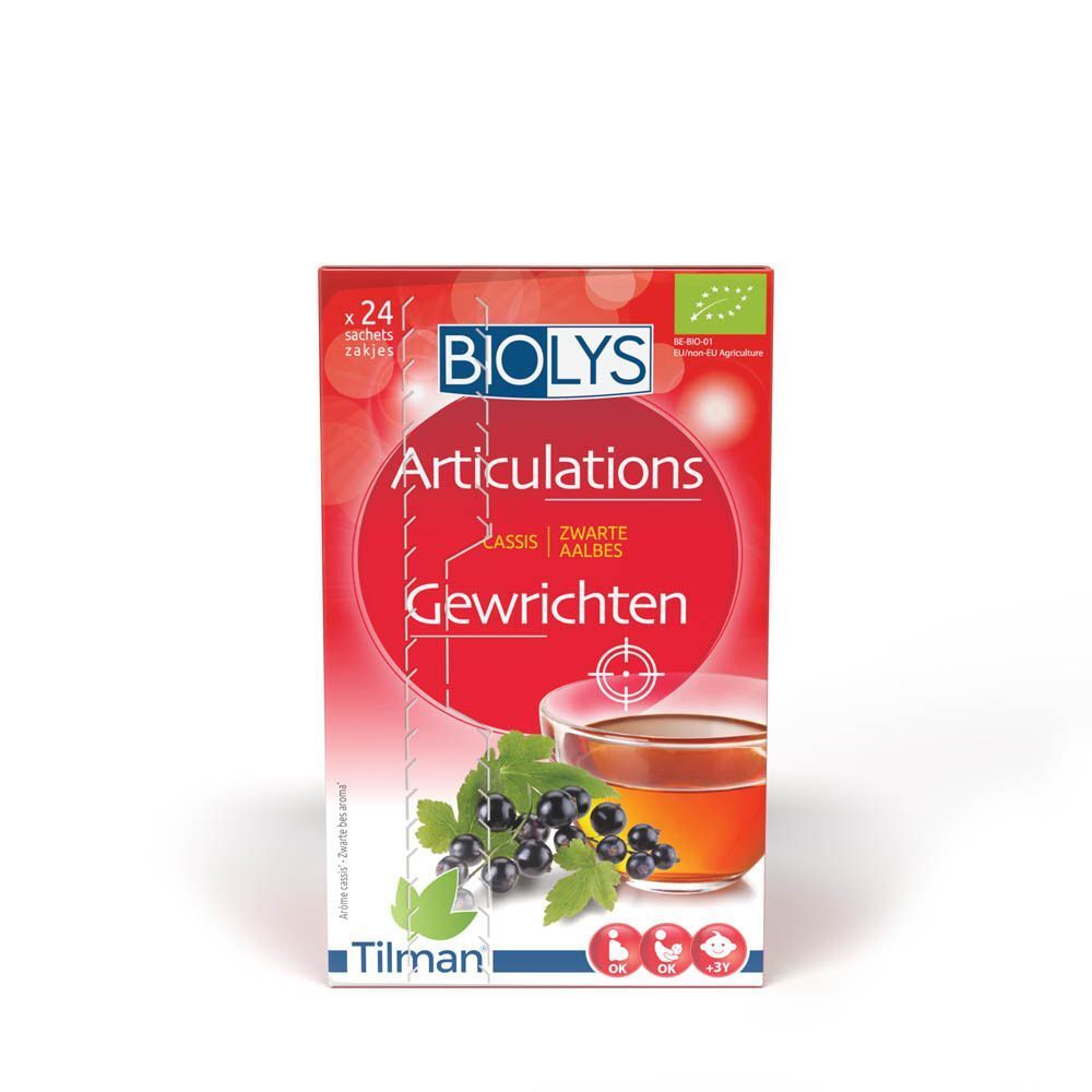 Verpakking Biolys Articulations Cassis. Rode doos met productnaam, afbeelding van zwarte bessen en een kopje thee.