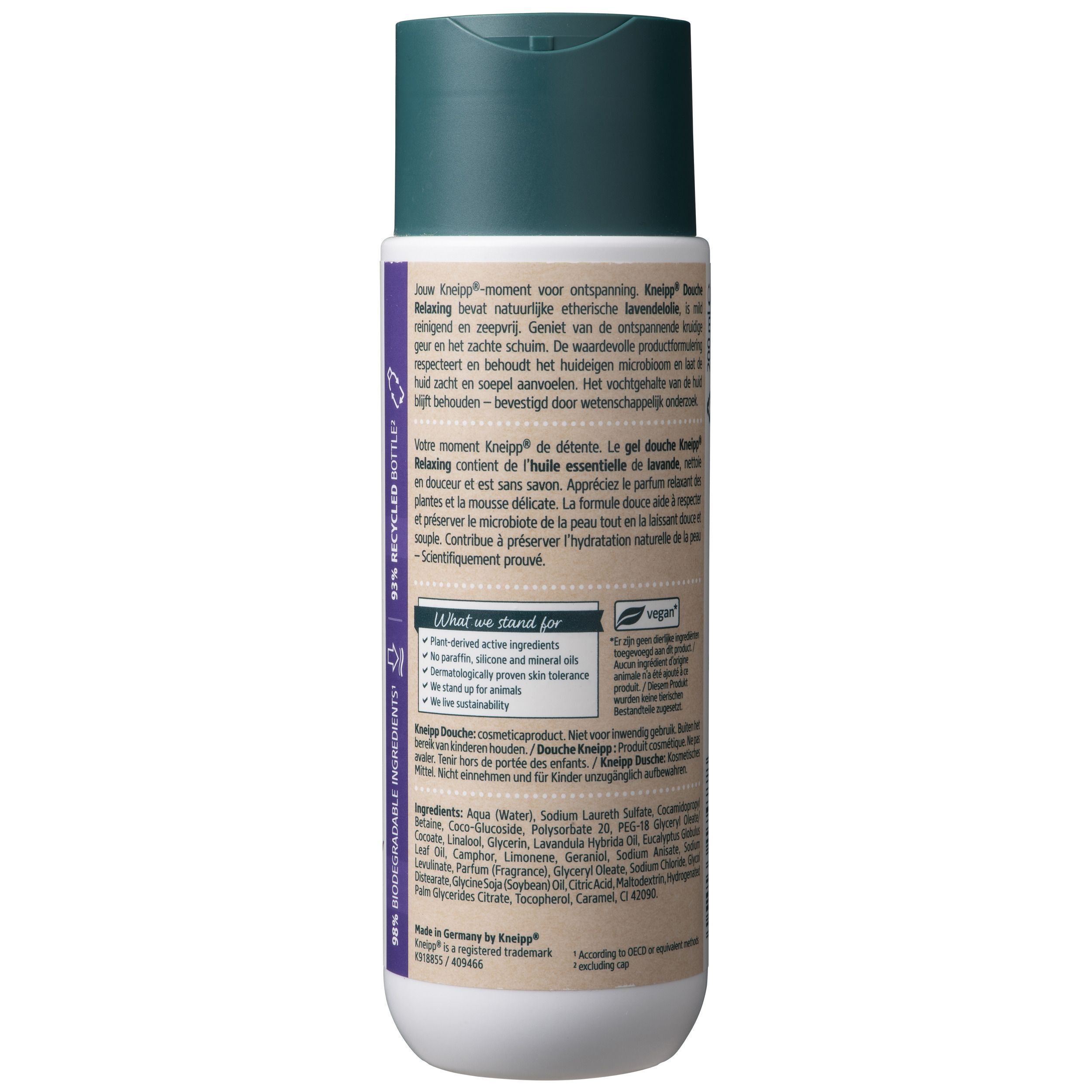 Achterkant van een Kneipp Douche Relaxing fles. Tekst met ingrediënten, duurzaamheidsinformatie en certificeringen.