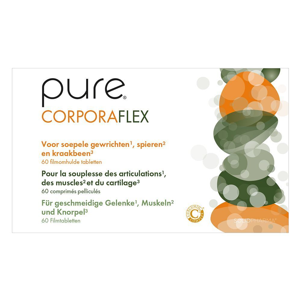 Pure Corporaflex doos. Opschrift in het Duits, Frans en Nederlands. 60 filmomhulde tabletten.