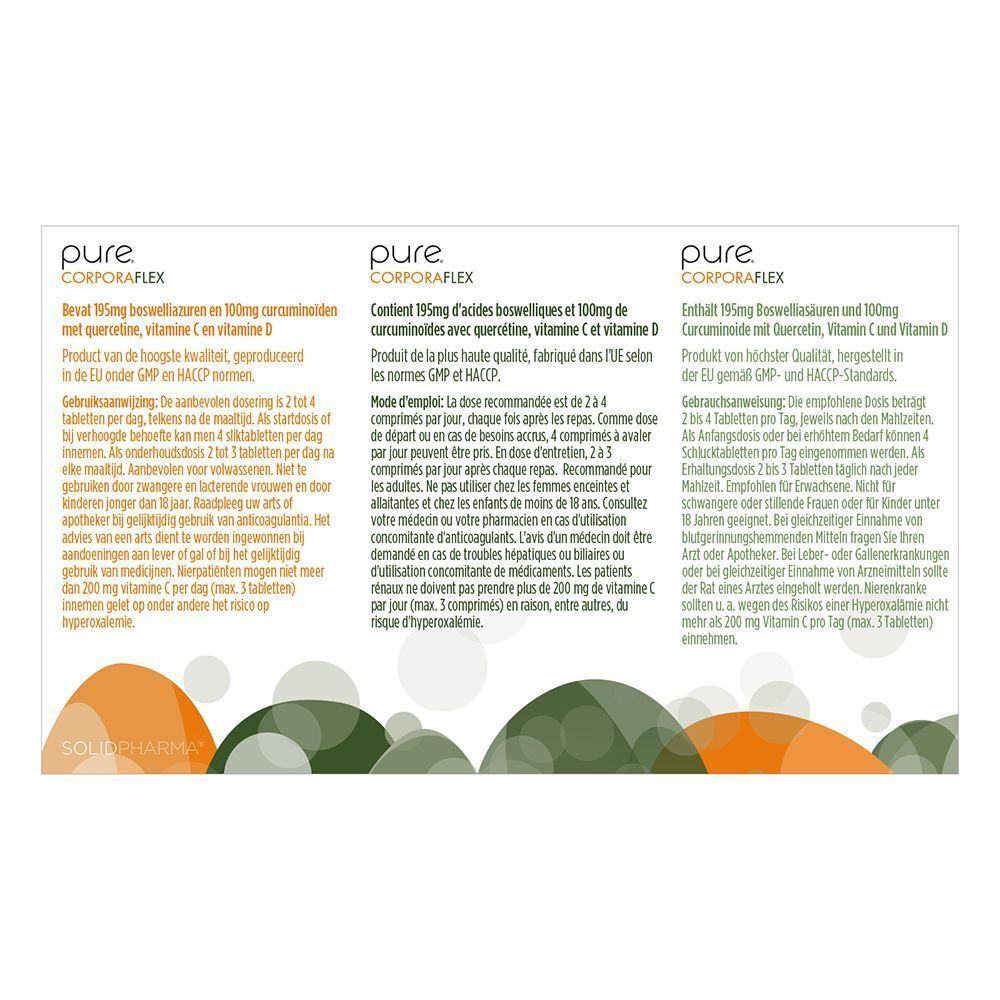 Dos de la boîte Pure Corporaflex. Texte en allemand, français et néerlandais. Informations sur le contenu.