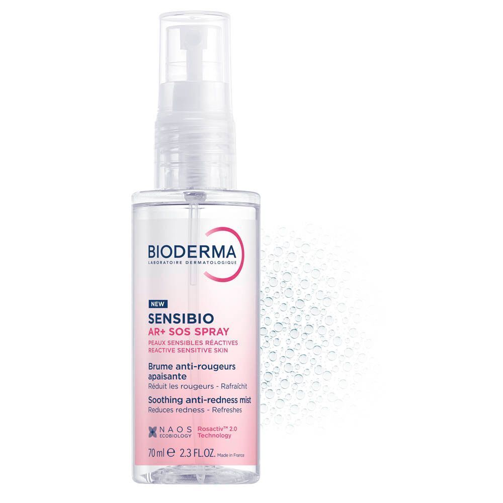 Bioderma Sensibio AR+ SOS Spray. Witte flacon met verstuiver, roze label, tekst. Nevel.