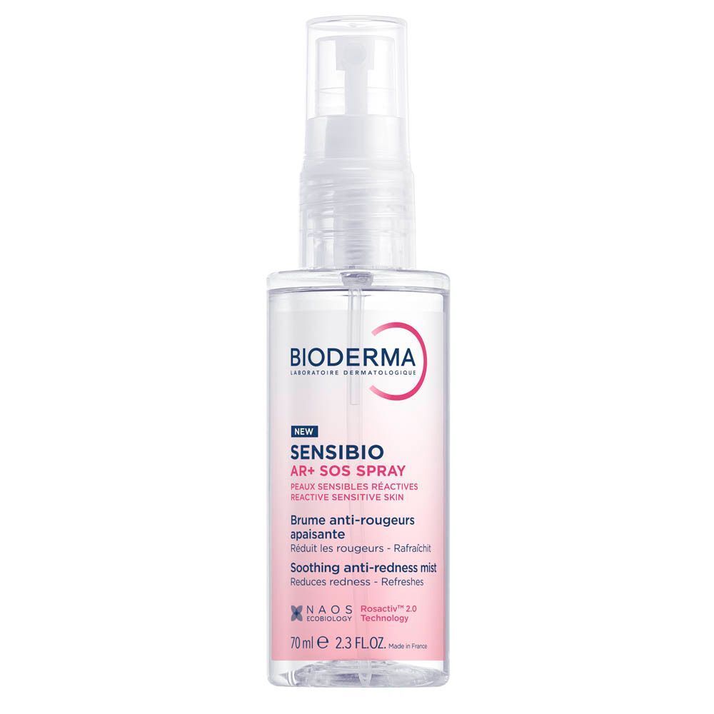 Bioderma Sensibio AR+ SOS Spray. Witte flacon met verstuiver, roze label, tekst.