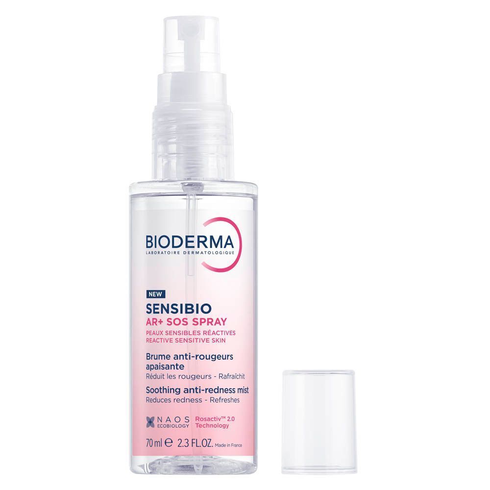 Bioderma Sensibio AR+ SOS Spray. Witte flacon, roze label, tekst. Dop ernaast.