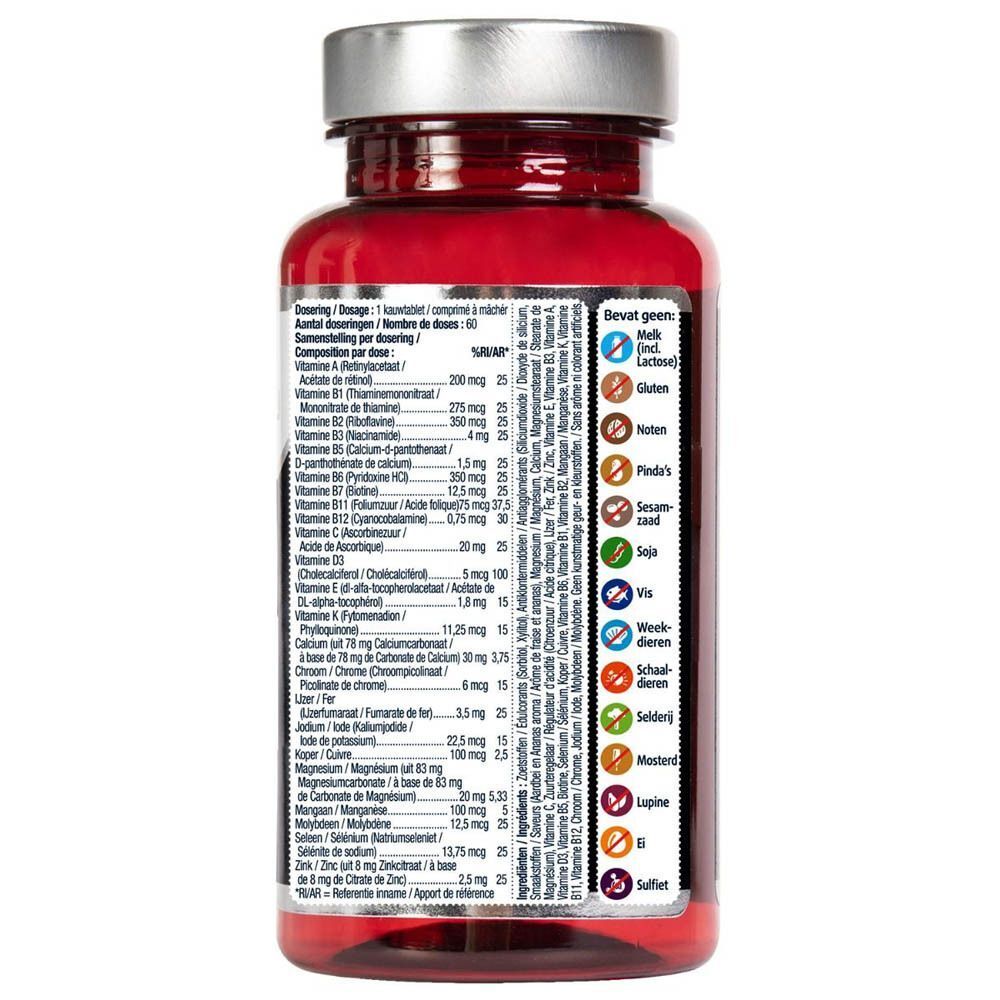 Dos d'une bouteille de Lucovitaal Multi+ Complet Kids. Contient des informations sur les ingrédients et les valeurs nutritionnelles.