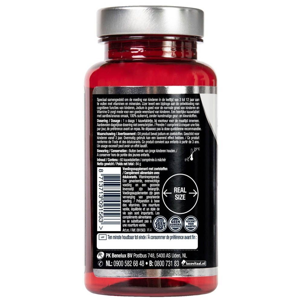 Dos d'une bouteille de Lucovitaal Multi+ Complet Kids. Contient des informations d'utilisation et des avertissements.