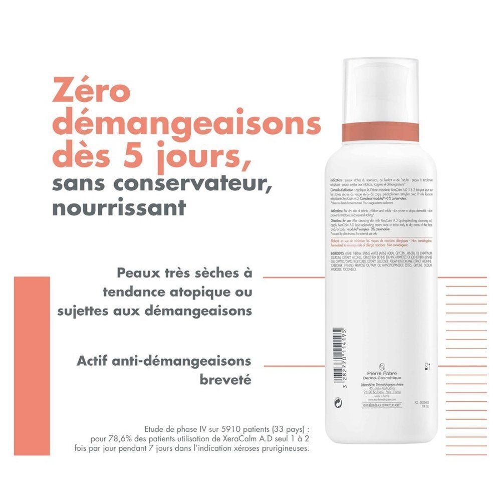 Dos d'un flacon blanc Avène XeraCalm A.D. Texte: Zero démangeaisons dès 5 jours, sans conservateur, nourrissant.