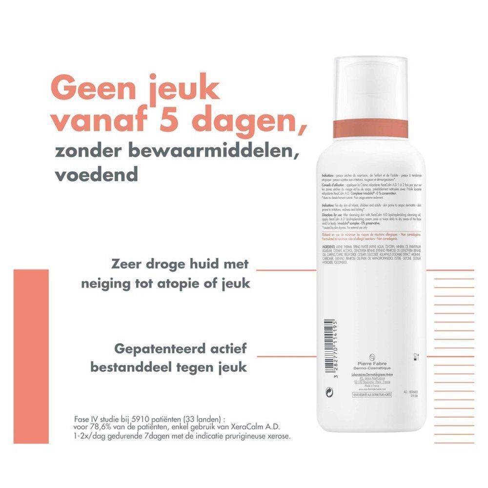 Achterkant witte fles Avène XeraCalm A.D. Tekst: Geen jeuk vanaf 5 dagen, zonder bewaarmiddelen, voedend.