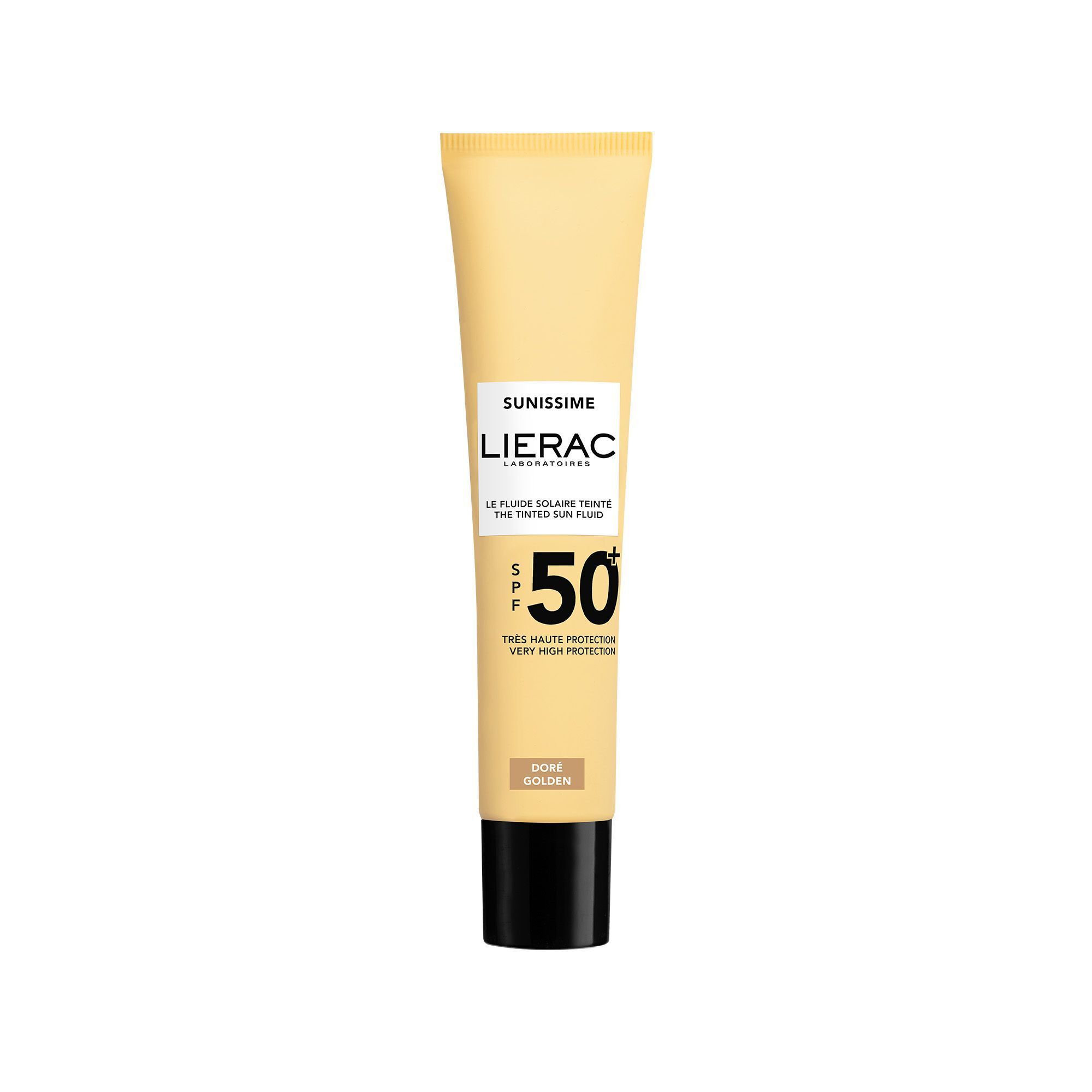 Een tube Lierac Sunissime Le Fluide Teinté SPF50+. Beige, zwarte dop. Opschrift: SPF 50, Très haute protection.