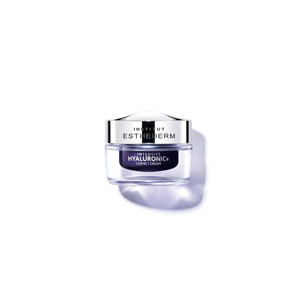Pot de crème, verre, couvercle argenté. Inscription: Institut Esthederm, Intensive Hyaluronic+ Crème/Cream.