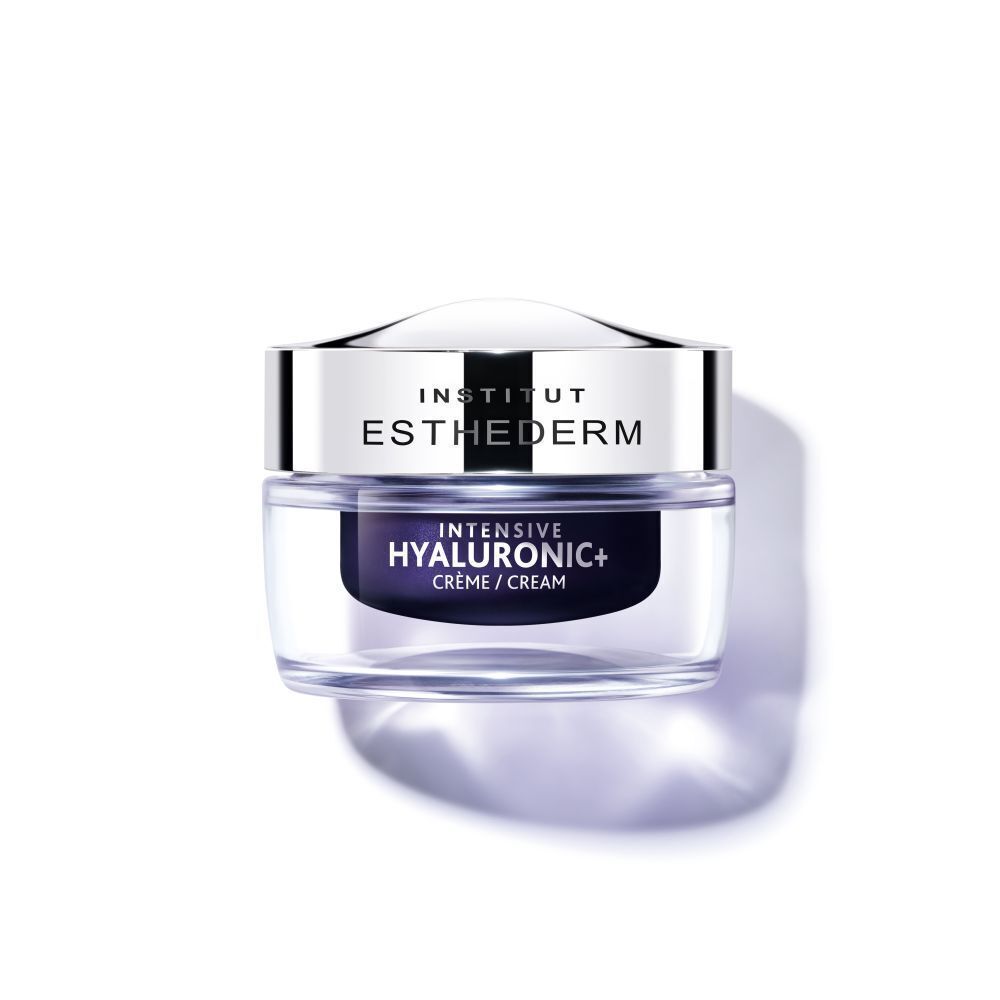 Pot de crème, verre, couvercle argenté. Inscription: Institut Esthederm, Intensive Hyaluronic+ Crème/Cream.