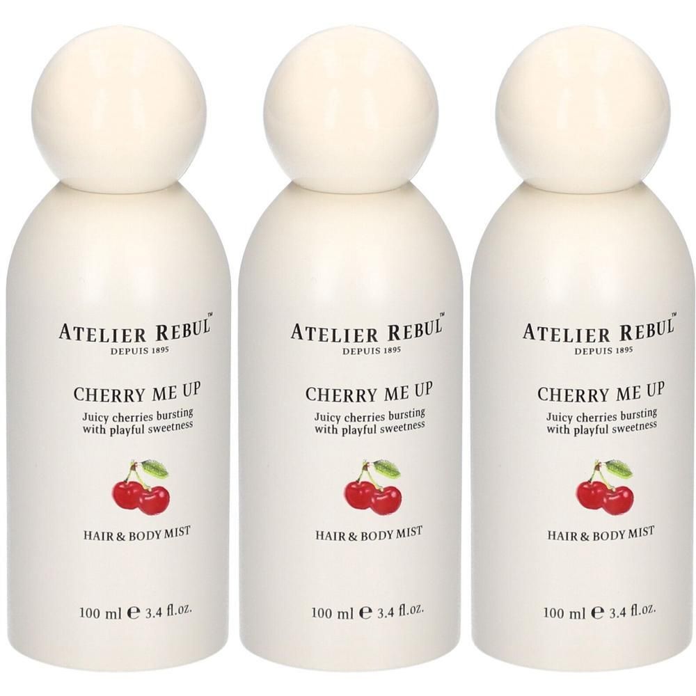 Drei ATELIER REBUL Cherry Me Up Hair & Body Mist Flaschen.