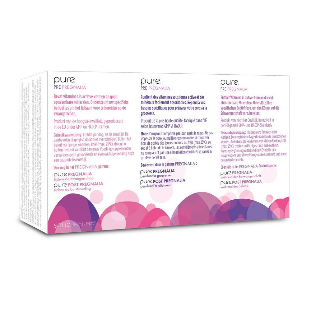 Dos d'une boîte Pure Pre Pregnalia. Texte multilingue, y compris des informations sur les ingrédients.