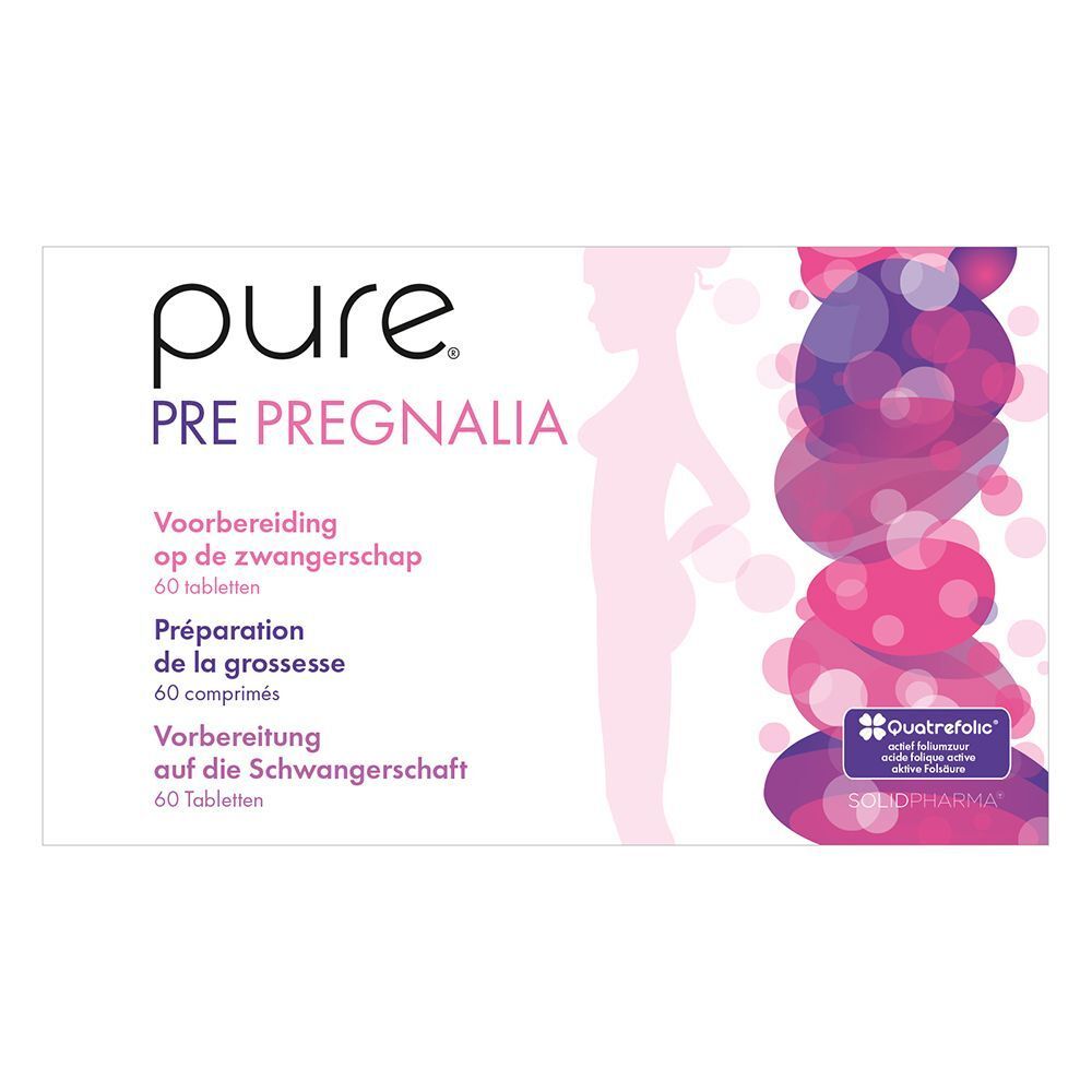 Boîte Pure Pre Pregnalia. Boîte blanche avec nom du produit, informations et logo.