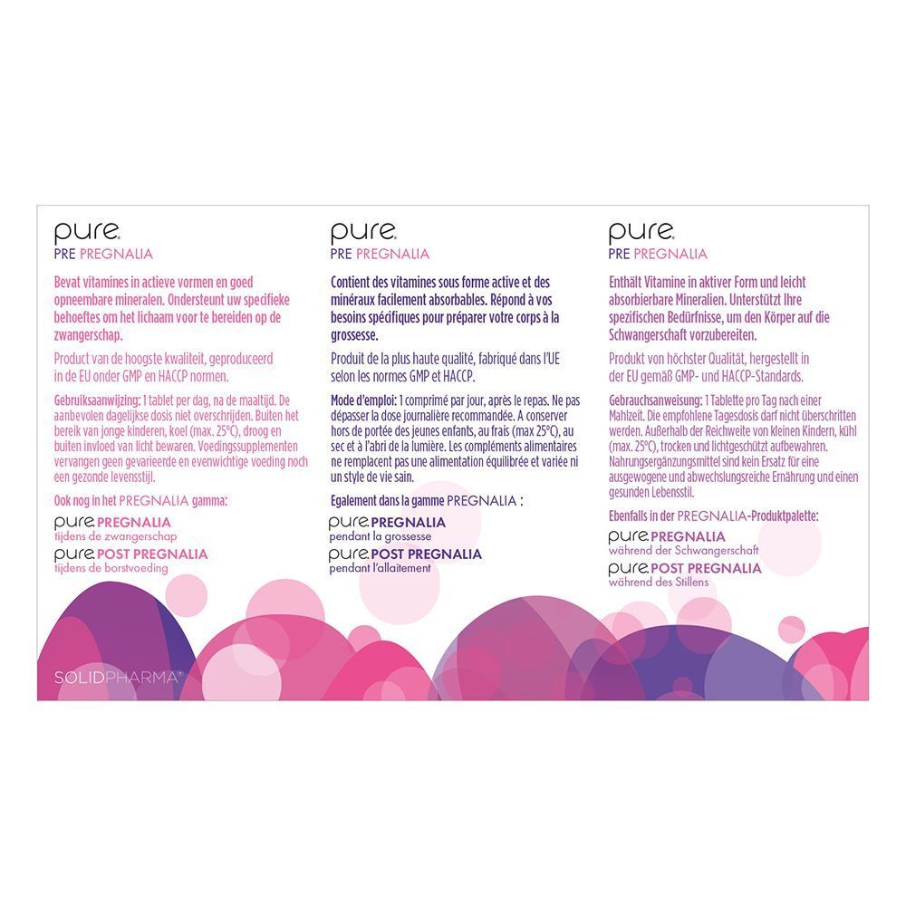 Achterkant van een Pure Pre Pregnalia verpakking. Meertalige tekst, inclusief ingrediënten en certificeringen.