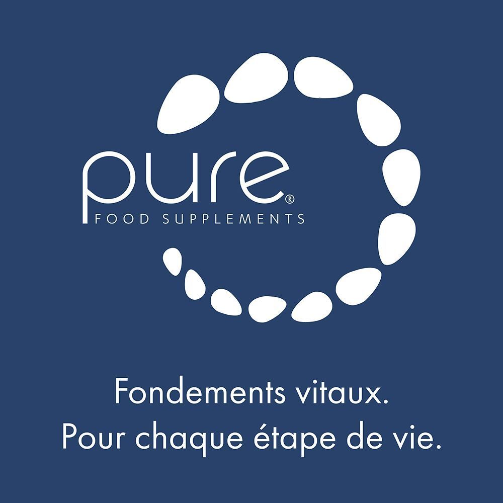 Logo Pure Food Supplements. Texte : Fundamente vitaux. Pour chaque étape de vie.