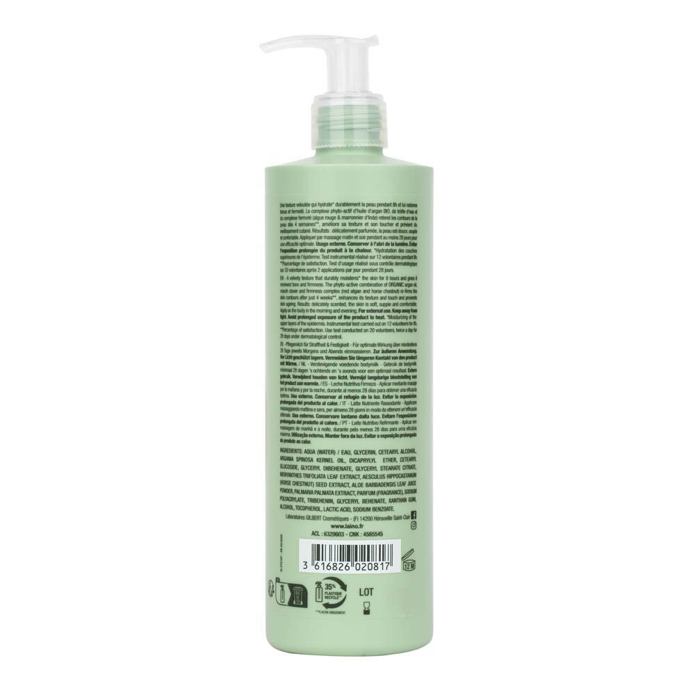 Groene fles met pomp. Achterkant met tekst. Opschrift: LAINO. Bevat informatie over ingrediënten en fabrikant.
