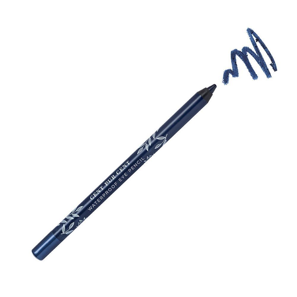Crayon pour les yeux bleu foncé imperméable avec un motif de feuilles argentées et une trace de maquillage bleue.